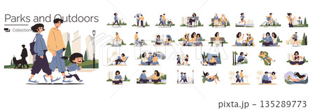 Vector illustration collection depicting diverse scenes of people engaging in various outdoor and park activities. Includes walking, cycling, relaxing, and socializing in vibrant settings. 135289773