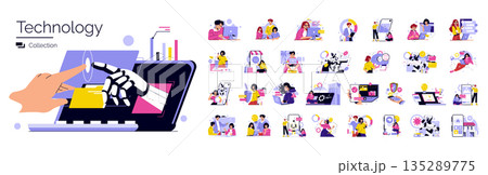 Technology and AI interaction illustration depicting human and robotic hands reaching towards a digital interface. Includes various icons highlighting tech innovation and interaction. Technology and AI interaction illustration depicting human and robotic hands reaching towards a digital interface. Includes various icons highlighting tech innovation and interaction. 135289775