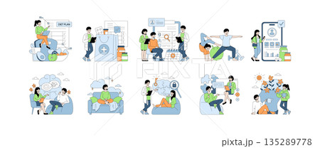 Vector illustration set depicting diverse health and wellness activities including diet planning, medical consultations, exercise, and mindfulness practices. Animated figures engage in healthy Vector illustration set depicting diverse health and wellness activities including diet planning, medical consultations, exercise, and mindfulness practices. Animated figures engage in healthy 135289778