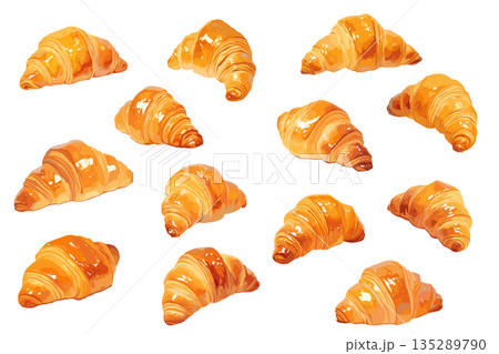Set of cartoon buttery juicy fresh croissants, different shapes and angles, French dessert, puff pastry bun, popular dish, vector illustration Set of cartoon buttery juicy fresh croissants, different shapes and angles, French dessert, puff pastry bun, popular dish, vector illustration 135289790