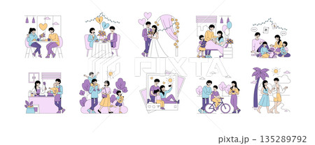 Vector illustration set depicting various life moments. Scenes include romantic dinners, wedding, family activities, new baby arrivals, and beach strolls. Emotions of love and happiness are captured. Vector illustration set depicting various life moments. Scenes include romantic dinners, wedding, family activities, new baby arrivals, and beach strolls. Emotions of love and happiness are captured. 135289792