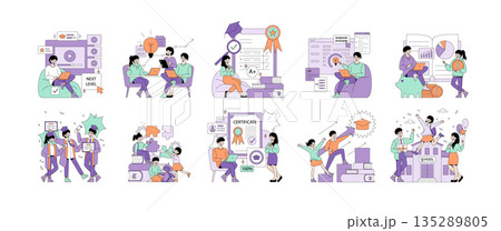 Vector illustration depicting students engaging in learning activities, achieving academic success, and celebrating graduation. Scenes include teamwork, coding, financial literacy, and graduation joy. 135289805