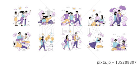 Vector illustration depicting diverse outdoor activities in various scenarios. People engage in bonding, relaxing, and enjoying nature, highlighting positive emotions and leisure moments. 135289807