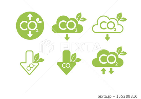 CO2 neutral icon set. Carbon gas emission reduction green labels. Ecology, environment, air pollution improvement concept. Flat Vector CO2 neutral icon set. Carbon gas emission reduction green labels. Ecology, environment, air pollution improvement concept. Flat Vector 135289810