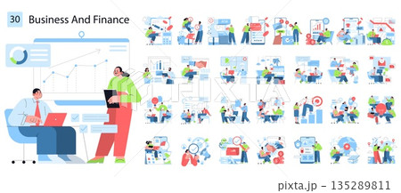 Business and finance vector illustration featuring diverse people analyzing data charts, financial graphs, and technology use in business settings. Ideal for financial education and business concepts. 135289811