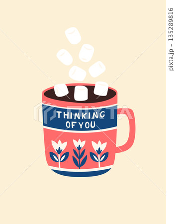 Hygge Hot Chocolate with Marshmallows, Cozy Scandinavian Winter Illustration 135289816