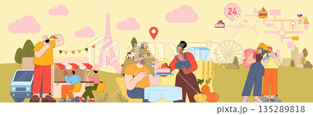 Vector illustration depicting people enjoying a Parisian culinary adventure with iconic Eiffel Tower backdrop. Activities include dining, savoring treats, and sightseeing, enhancing the cultural 135289818