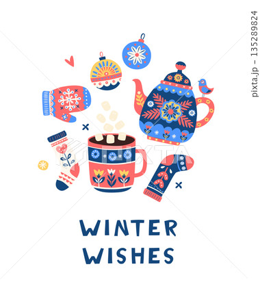 Warm Winter Hygge Set with Teapot, Mug, Mittens and Ornaments, Cozy Holiday Illustration 135289824
