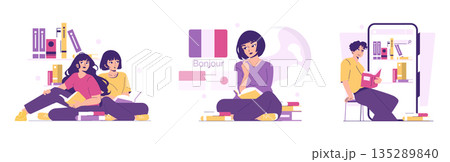 Vector illustration featuring diverse individuals engaging in reading and study activities. They are surrounded by books, highlighting cultural learning and language diversity in an educational 135289840