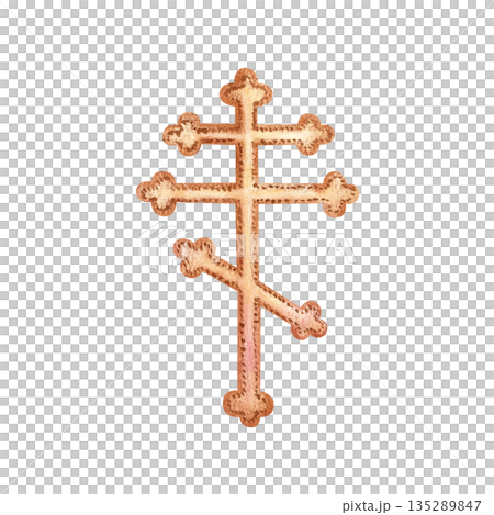 Eight-pointed cross. Symbol of Christian faith, Eastern Orthodoxy, spirituality. Traditional design with upper crossbar and oblique lower footstool. Hand drawn illustration, isolated from background Eight-pointed cross. Symbol of Christian faith, Eastern Orthodoxy, spirituality. Traditional design with upper crossbar and oblique lower footstool. Hand drawn illustration, isolated from background 135289847