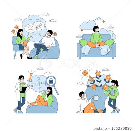 Set of vector illustrations depicting mental health and wellness activities. Scenes include therapy discussion, meditation practice, problem-solving, and positive growth. Ideal for health-related 135289850