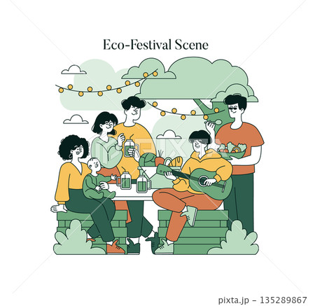 Vector illustration of a group enjoying an eco-festival. They sit around a table with drinks, one playing a guitar. The scene shows a joyful community gathering among greenery. Vector illustration of a group enjoying an eco-festival. They sit around a table with drinks, one playing a guitar. The scene shows a joyful community gathering among greenery. 135289867