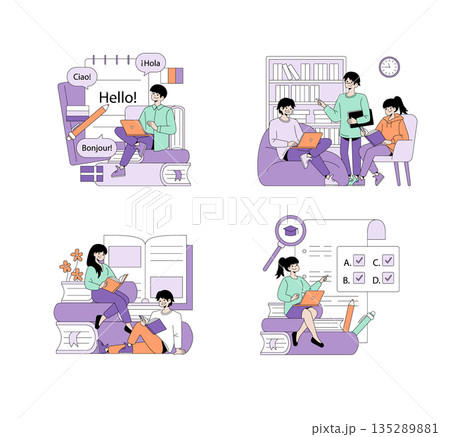 Vector illustrations depict people engaged in multilingual learning, collaborative study, enjoying reading, and preparing for exams. Vibrant scenes encourage education and creativity. Vector illustrations depict people engaged in multilingual learning, collaborative study, enjoying reading, and preparing for exams. Vibrant scenes encourage education and creativity. 135289881
