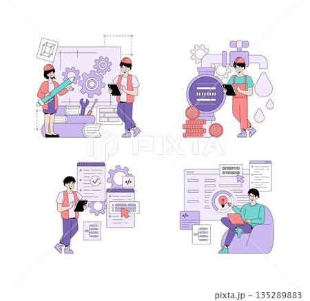 Vector illustration set featuring engineering and programming concepts. Includes scenes with individuals engaged in design, coding, and data management using digital tools and machinery. 135289883