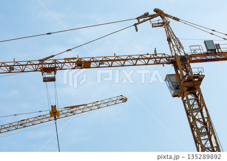 Construction tower cranes working under a clear blue sky 135289892