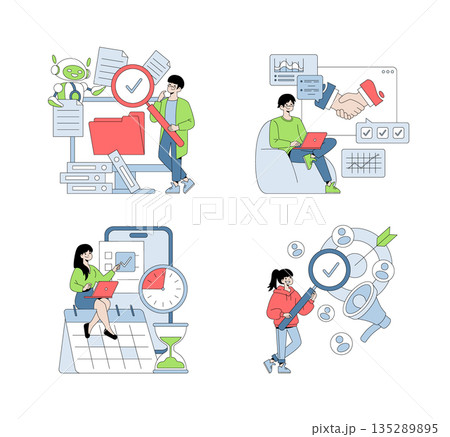 Vector illustration set showcasing business planning, digital marketing analysis, and teamwork. Features individuals reviewing charts, collaborating, and checking tasks in a professional setting. Vector illustration set showcasing business planning, digital marketing analysis, and teamwork. Features individuals reviewing charts, collaborating, and checking tasks in a professional setting. 135289895