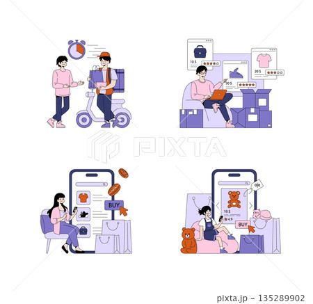 Vector illustrations depicting various online shopping scenes. Includes delivery to a happy customer, a person browsing products on a laptop, and a customer purchasing items using a mobile device. Vector illustrations depicting various online shopping scenes. Includes delivery to a happy customer, a person browsing products on a laptop, and a customer purchasing items using a mobile device. 135289902