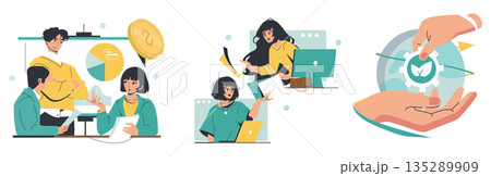 Vector illustration set depicting business collaboration with professionals discussing financial growth, customer support, and sustainability. Includes teamwork, digital technology, and environmental 135289909