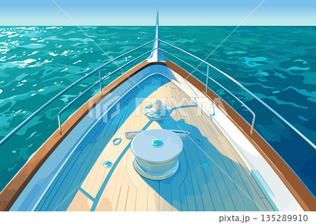 Cartoon bow of a ship sailing at sea on a bright sunny day, seascape, part of a ship, sea cruise, yacht, ocean, wooden yacht, water travel, vector illustration 135289910