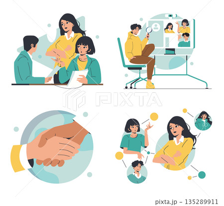 Vector illustration depicting team collaboration and a virtual meeting. Includes colleagues discussing documents, a man in a video call, and a handshake symbol for partnership. 135289911