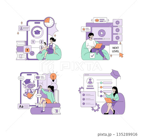 Vector illustration depicting online learning scenes with students using digital devices. Emphasizes education technology, interactive courses, and studying from home creatively. Vector illustration depicting online learning scenes with students using digital devices. Emphasizes education technology, interactive courses, and studying from home creatively. 135289916