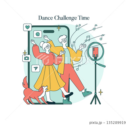 Vector illustration of two friends dancing with enthusiasm for an online challenge, joined by a happy dog. Large smartphone screen, music notes, and camera stand complete the scene. Vector illustration of two friends dancing with enthusiasm for an online challenge, joined by a happy dog. Large smartphone screen, music notes, and camera stand complete the scene. 135289919