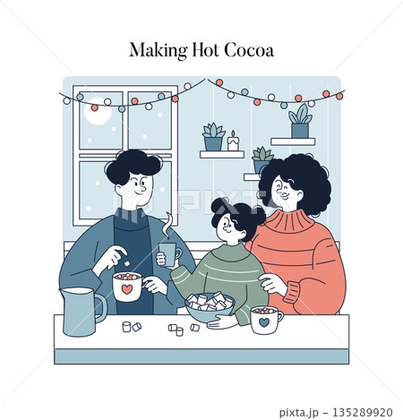 Cozy family gathering depicted in a vector illustration of creating hot cocoa at home. A family enjoys making and sharing hot cocoa together, surrounded by festive decorations. Cozy family gathering depicted in a vector illustration of creating hot cocoa at home. A family enjoys making and sharing hot cocoa together, surrounded by festive decorations. 135289920