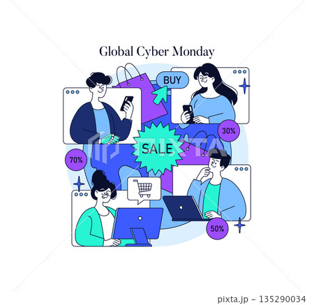 Vector illustration showcasing people shopping online during Global Cyber Monday. Characters engaged with devices, surrounded by sale icons and discount tags, highlighting the online shopping frenzy. Vector illustration showcasing people shopping online during Global Cyber Monday. Characters engaged with devices, surrounded by sale icons and discount tags, highlighting the online shopping frenzy. 135290034