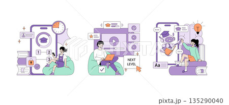 Vector illustration showcasing online learning concepts. Scenes include characters interacting with digital educational tools, studying on devices, and advancing skills through technology. Vector illustration showcasing online learning concepts. Scenes include characters interacting with digital educational tools, studying on devices, and advancing skills through technology. 135290040