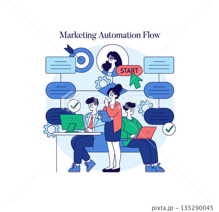Vector illustration showing a marketing automation flow with a team discussing strategy. Depicts teamwork, digital tools, and workflow processes in a business setting. Vector illustration showing a marketing automation flow with a team discussing strategy. Depicts teamwork, digital tools, and workflow processes in a business setting. 135290045