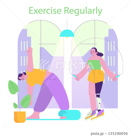 Vector illustration showing two women exercising indoors. One is in a yoga pose and the other is jumping rope with a prosthetic leg, highlighting inclusive fitness and healthy lifestyles. 135290056