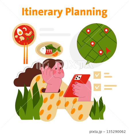 Vector illustration of a woman planning her itinerary using a smartphone. She checks a map with location pins. Includes food icons, checklist, and navigation elements. Vector illustration of a woman planning her itinerary using a smartphone. She checks a map with location pins. Includes food icons, checklist, and navigation elements. 135290062