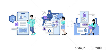 Vector illustration showing actions of online security and a potential data breach scenario. A person interacts with a secure login, while another seems anxious about security issues. 135290068