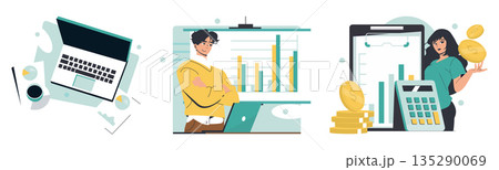 Vector illustration showing laptop with charts, a confident person analyzing financial data, and another evaluating earnings with calculator and coins, representing business growth and strategy. Vector illustration showing laptop with charts, a confident person analyzing financial data, and another evaluating earnings with calculator and coins, representing business growth and strategy. 135290069