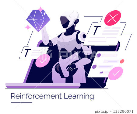 Vector illustration of a robot showcasing reinforcement learning concept. The robot interacts with abstract icons and graphics, symbolizing AI decision-making and data processing techniques. 135290071