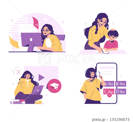Vector illustration showcasing diverse educational activities like tutoring, online learning, and test preparation, highlighting interactions between learners and educators in digital settings. 135290073