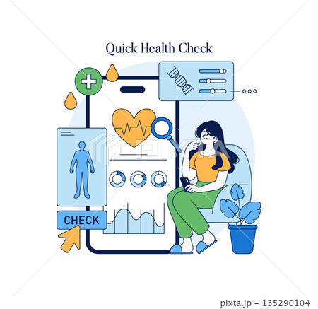 Vector illustration depicting a woman using a healthcare app for a quick health check. The image includes digital health data, DNA analysis, and wellness monitoring elements. Vector illustration depicting a woman using a healthcare app for a quick health check. The image includes digital health data, DNA analysis, and wellness monitoring elements. 135290104