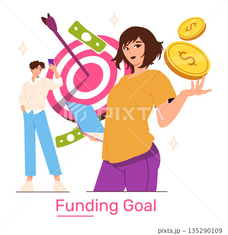 Vector illustration of two individuals celebrating financial success by hitting a target. One person holds a laptop while the other uses a smartphone, both exuding confidence and accomplishment. 135290109