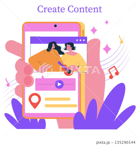 Vector illustration of a smartphone displaying content creation with two people interacting. Vibrant design featuring music symbols and communication elements emphasizes creativity. Vector illustration of a smartphone displaying content creation with two people interacting. Vibrant design featuring music symbols and communication elements emphasizes creativity. 135290144
