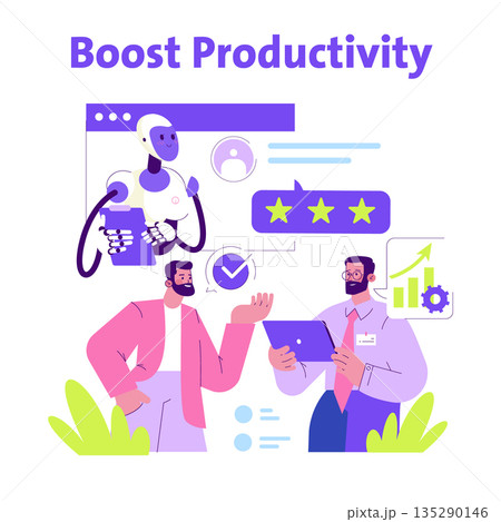 Vector illustration of two professionals discussing productivity with a robot assistant. The scene includes digital tools, charts, and star ratings representing success and growth. Vector illustration of two professionals discussing productivity with a robot assistant. The scene includes digital tools, charts, and star ratings representing success and growth. 135290146