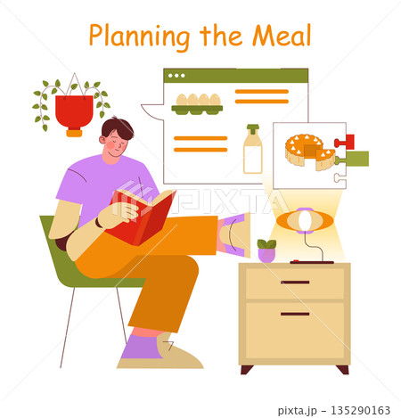 A person enjoys meal planning while reading a cookbook. The illustration shows them relaxed, surrounded by images of ingredients. Perfect for depicting culinary organization. A person enjoys meal planning while reading a cookbook. The illustration shows them relaxed, surrounded by images of ingredients. Perfect for depicting culinary organization. 135290163