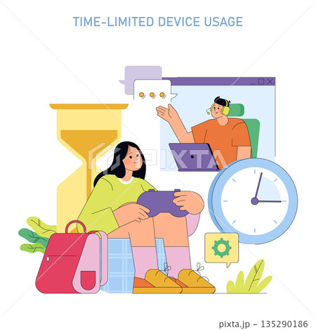 A vector illustration depicting a person managing device time with visual elements like an hourglass, clock, and laptop. Highlights limitations on device use through digital timing. 135290186