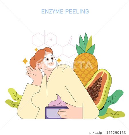 Vector illustration of a woman enjoying skincare with an enzyme peeling mask, surrounded by pineapple and papaya. The scene emphasizes natural beauty and self-care. 135290188