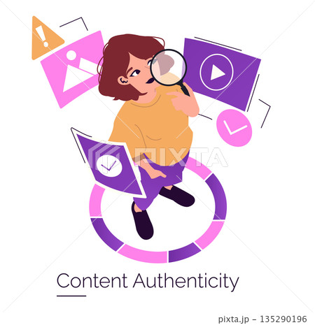Vector illustration of a person inspecting content authenticity using a magnifying glass, surrounded by icons. Focus on digital content verification and trustworthiness themes. 135290196