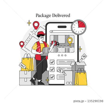 Vector illustration of a delivery person confirming package delivery using a mobile device interface, surrounded by packages and location pins. Optimized for logistics and e-commerce themes. Vector illustration of a delivery person confirming package delivery using a mobile device interface, surrounded by packages and location pins. Optimized for logistics and e-commerce themes. 135290198