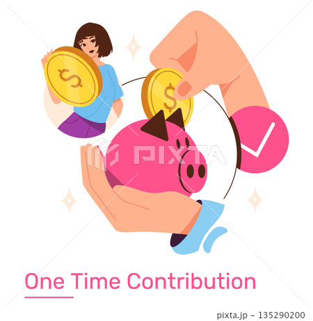 Vector illustration depicts a hand placing a coin in a piggy bank, symbolizing a one-time financial contribution. A person joyfully holds a large coin, highlighting savings and personal finance themes Vector illustration depicts a hand placing a coin in a piggy bank, symbolizing a one-time financial contribution. A person joyfully holds a large coin, highlighting savings and personal finance themes 135290200