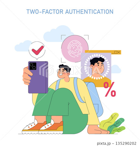 Vector illustration depicting two-factor authentication. A person uses a smartphone for secure login, highlighting fingerprint and facial recognition as essential security measures. 135290202