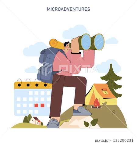 Vector illustration of a person with binoculars planning a microadventure. The individual is observing the landscape, surrounded by camping equipment and a calendar, reflecting outdoor exploration. 135290231