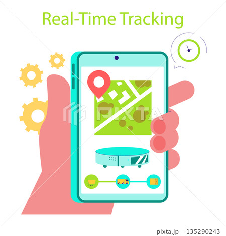 Vector illustration showing a hand holding a mobile device with real-time tracking features. The screen displays a map interface with location markers and related icons. 135290243