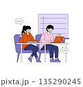 Two students sitting and collaborating at a desk with books and a laptop in this vector illustration. Both appear cheerful and engaged, indicating a positive learning environment. 135290245